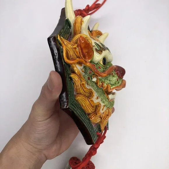 Chinese Yin Yang Dragon Hanging Plaque Pottery Red Tassels Guardian Feng Shui